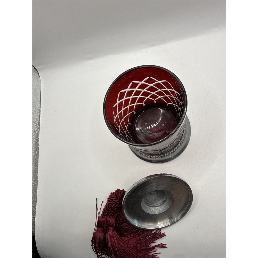 Vintage Hand Cut Crystal Candle Holder with Red Tassel Silver Top And Base - Picture 10 of 12